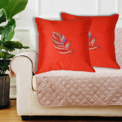 Silk Cushion Cover Red Color Leaves Embroidery Throwcase