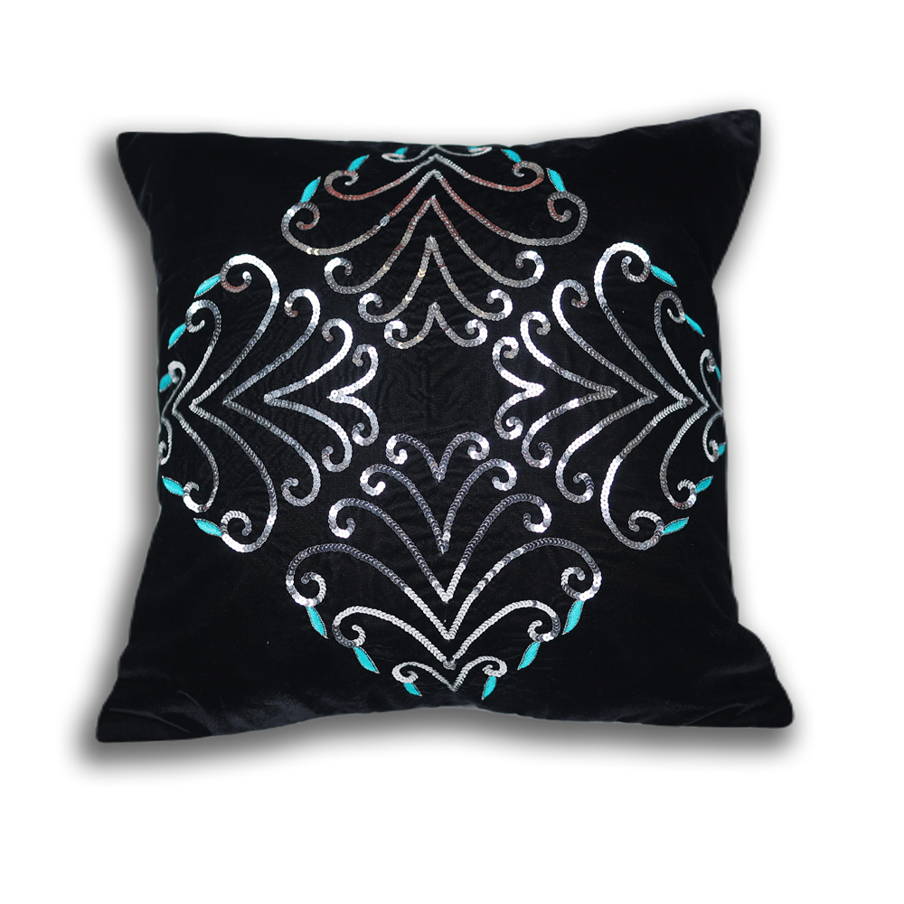 Hand Embroidered Black Velvet Sequins Embroidery Cushion Cover